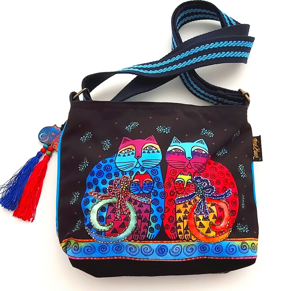 Laurel Burch Kitty Cats Fabric Cross Body Bag Tassel Charm